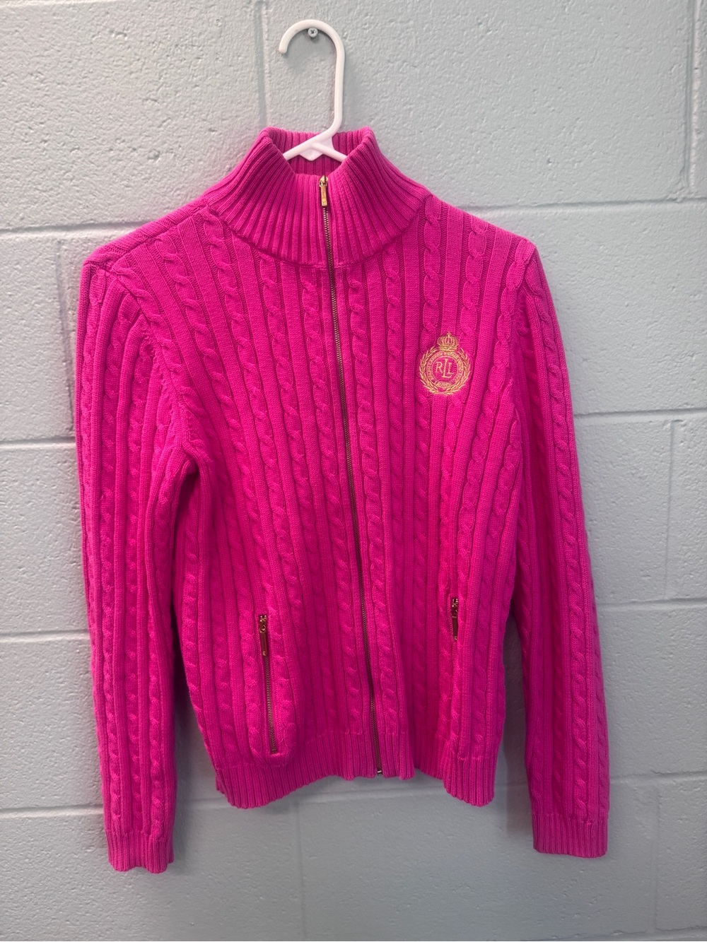 Lauren Ralph Lauren Pink Cable Knit Sweater Zip M Gold Crest Preppy Barbiecore